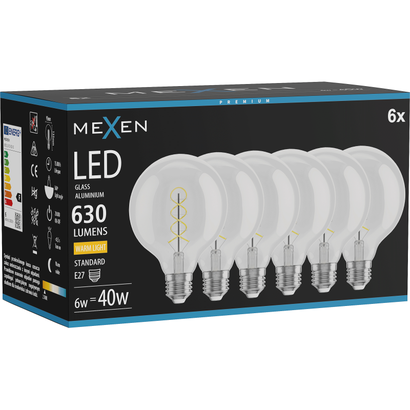 Mexen Vintis 6x Bec filament spirală LED E27, G95, 6W, Caldă - 2700K, 630 lm, transparent - L167-E27-0627-00x06