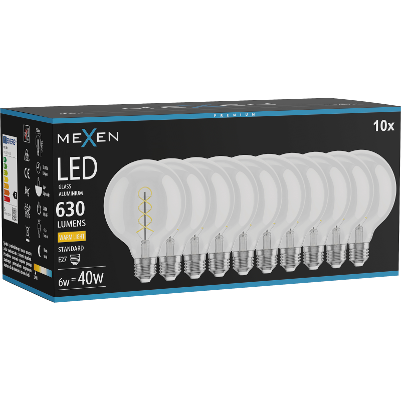 Mexen Vintis 10x Bec filament spirală LED E27, G95, 6W, Caldă - 2700K, 630 lm, clar - L167-E27-0627-00x10