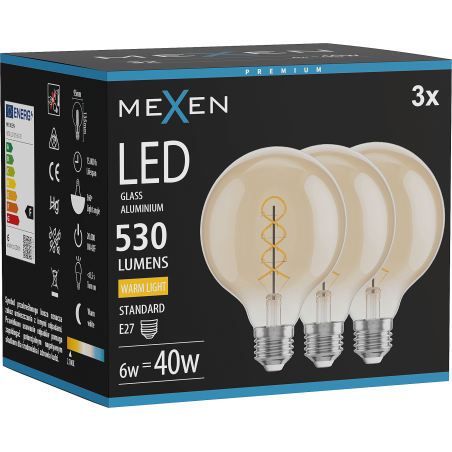 Mexen Vintis 3x LED filament spirál izzó E27, G95, 6W, Meleg - 2700K, 530 lm, borostyán - L167-E27-0627-50x03