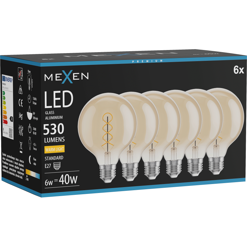 Mexen Vintis 6x Spirál filament LED izzó E27, G95, 6W, Meleg - 2700K, 530 lm, borostyánsárga - L167-E27-0627-50x06