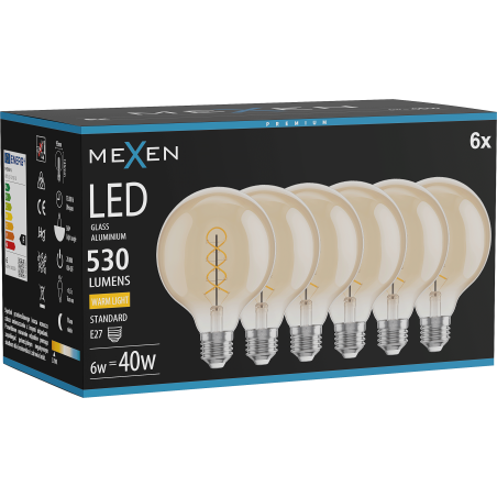 Mexen Vintis 6x Spirál filament LED izzó E27, G95, 6W, Meleg - 2700K, 530 lm, borostyánsárga - L167-E27-0627-50x06