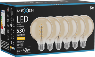 Mexen Vintis 6x Spirál filament LED izzó E27, G95, 6W, Meleg - 2700K, 530 lm, borostyánsárga - L167-E27-0627-50x06