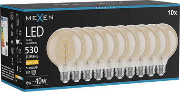 Mexen Vintis 10x Bec filament spirală LED E27, G95, 6W, Caldă - 2700K, 530 lm, chihlimbar - L167-E27-0627-50x10