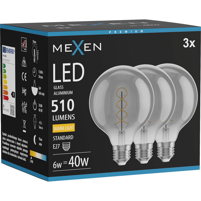 Mexen Vintis 3x Spirál filament LED izzó E27, G95, 6W, Meleg - 2700K, 510 lm, füstszínű - L167-E27-0627-70x03