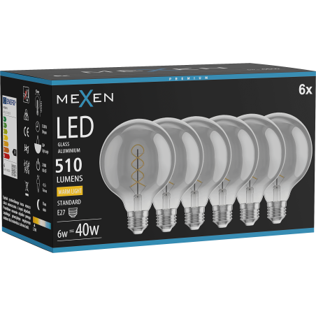 Mexen Vintis 6x Bec spiralat LED E27, G95, 6W, Caldă - 2700K, 510 lm, fumuriu - L167-E27-0627-70x06