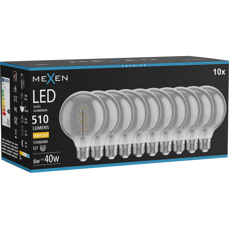 Mexen Vintis 10x Bec cu filament spirală LED E27, G95, 6W, Calda - 2700K, 510 lm, fumuriu - L167-E27-0627-70x10