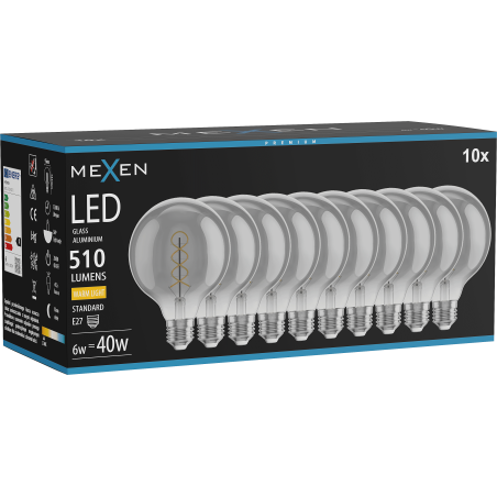 Mexen Vintis 10x Filament spirál LED izzó E27, G95, 6W, Meleg - 2700K, 510 lm, füstös - L167-E27-0627-70x10