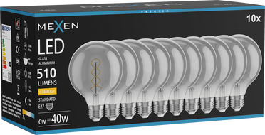 Mexen Vintis 10x Filament spirál LED izzó E27, G95, 6W, Meleg - 2700K, 510 lm, füstös - L167-E27-0627-70x10