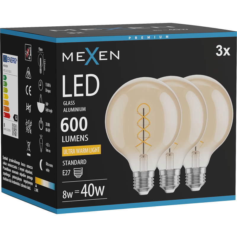 Mexen Vintis 3x LED filament izzólámpa spirál E27, G95, 8W, Meleg - 2200K, 600 lm, borostyán - L167-E27-0822-50x03
