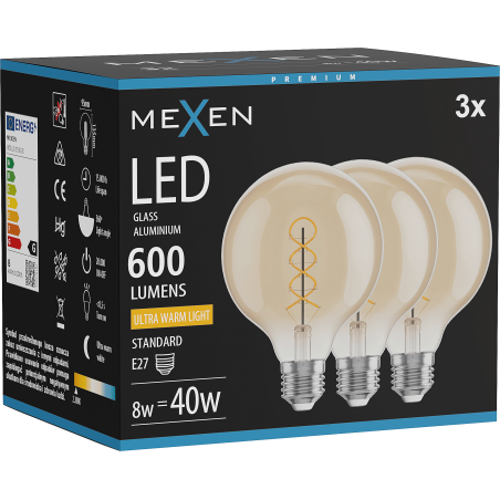 Mexen Vintis 3x LED filament izzólámpa spirál E27, G95, 8W, Meleg - 2200K, 600 lm, borostyán - L167-E27-0822-50x03