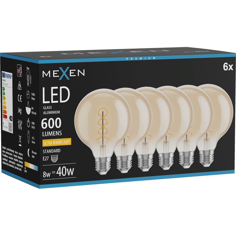 Mexen Vintis 6x Filament spirál LED izzó E27, G95, 8W, Meleg - 2200K, 600 lm, borostyán - L167-E27-0822-50x06