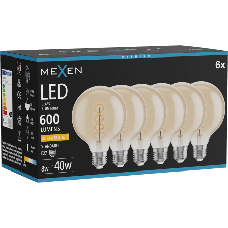Mexen Vintis 6x Filament spirál LED izzó E27, G95, 8W, Meleg - 2200K, 600 lm, borostyán - L167-E27-0822-50x06