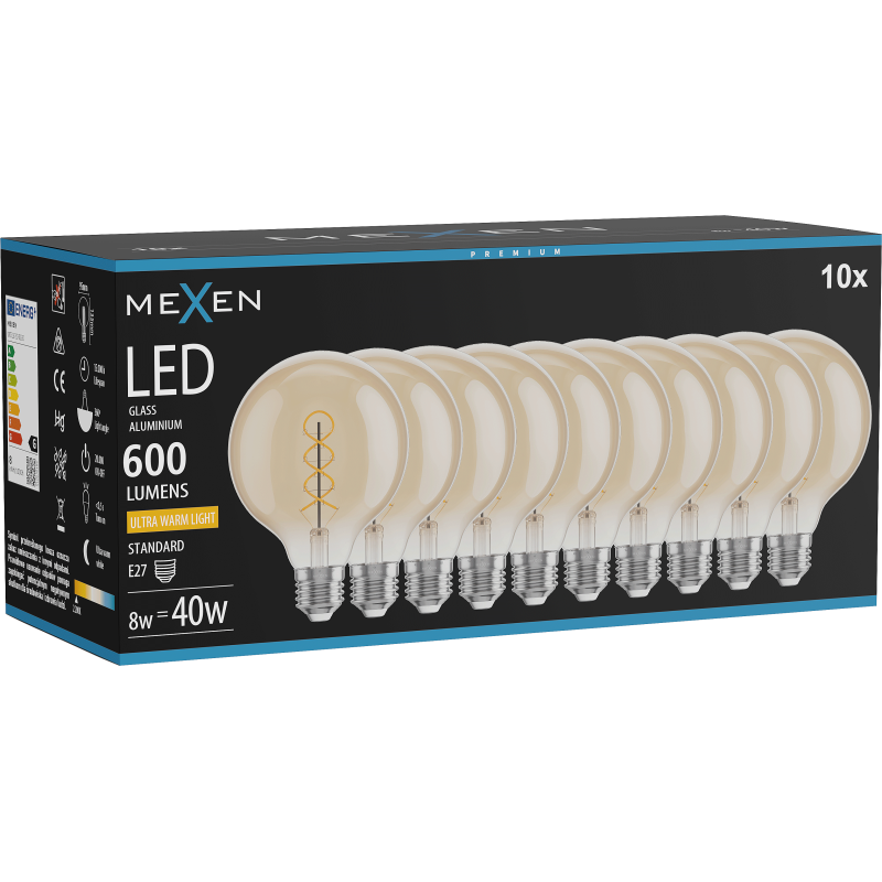 Mexen Vintis 10x Bec LED filament spirală E27, G95, 8W, Calda - 2200K, 600 lm, chihlimbar - L167-E27-0822-50x10