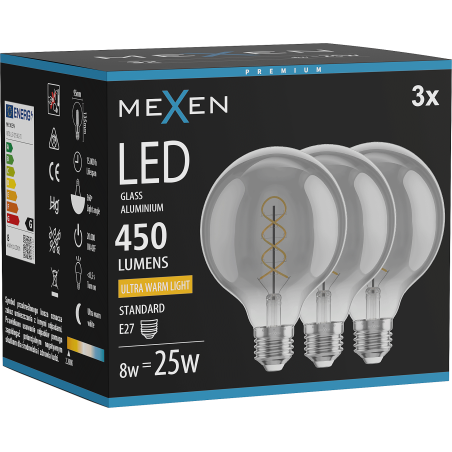 Mexen Vintis 3x Spirál filament LED izzó E27, G95, 8W, Meleg - 2200K, 450 lm, füstös - L167-E27-0822-70x03