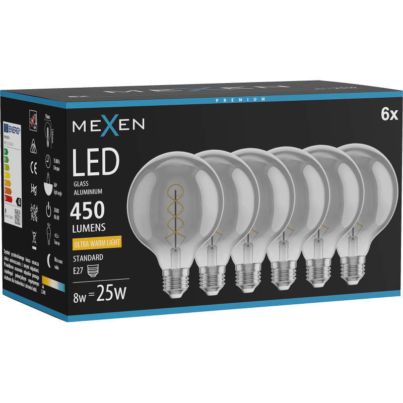 Mexen Vintis 6x Bec led filament spirală E27, G95, 8W, Caldă - 2200K, 450 lm, fumuriu - L167-E27-0822-70x06