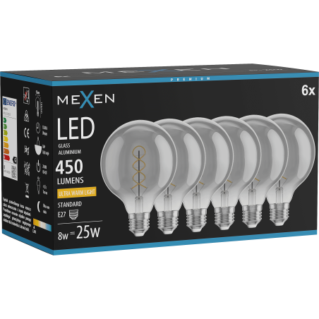 Mexen Vintis 6x LED filament spirál izzó E27, G95, 8W, Meleg - 2200K, 450 lm, füstszínű - L167-E27-0822-70x06