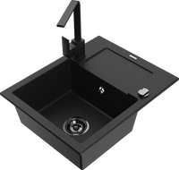 Mexen Enzo chiuvetă de bucătărie din granit cu 1 cuvă, cu scurgător și baterie bucătărie Rita, negru - 6506-77-670300-70-B