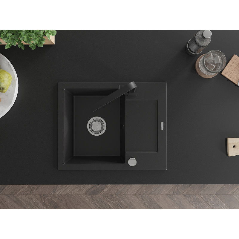 Mexen Enzo egymedencés gránit mosogatótálca csepegtetővel és Rita konyhai csappal, fekete - 6506-77-670300-70