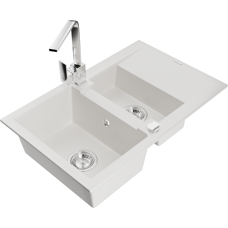 Mexen Gaspar gránit mosogató 1,5 medencével, csepegtetővel és Rita konyhai csapteleppel, fehér - 6507-20-670300-00