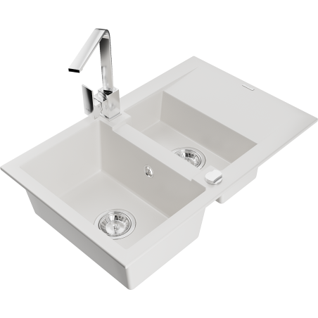 Mexen Gaspar gránit mosogató 1,5 medencével, csepegtetővel és Rita konyhai csapteleppel, fehér - 6507-20-670300-00