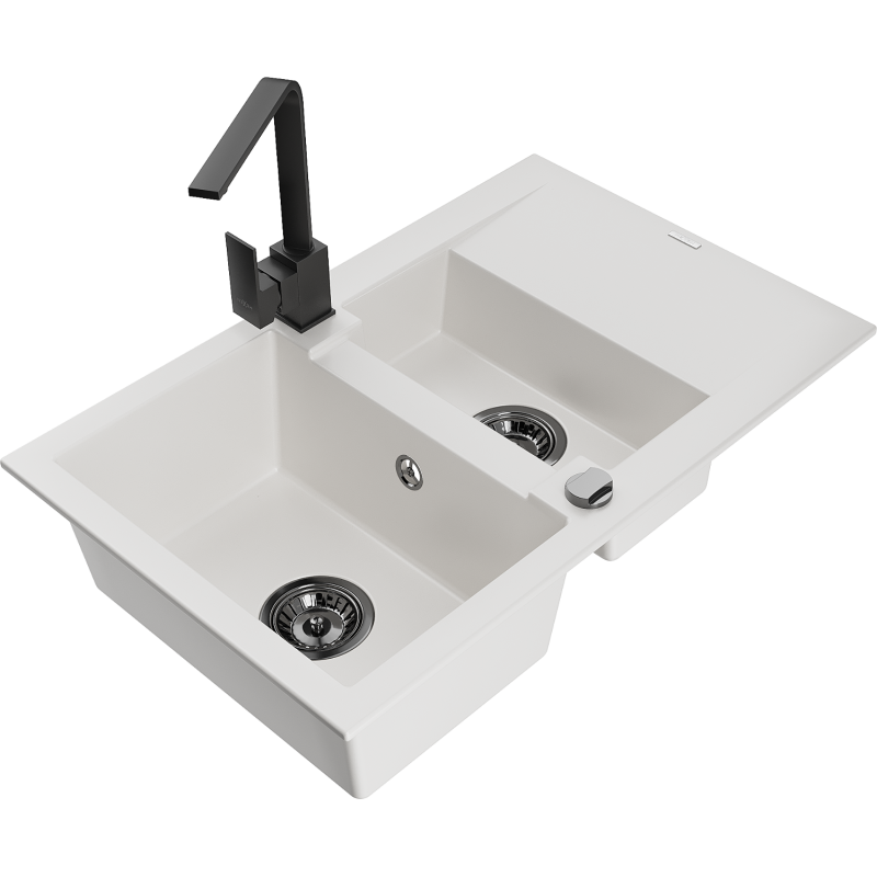 Mexen Gaspar chiuvetă de granit cu 1,5 compartimente și scurgător, cu baterie de bucătărie Rita, alb - 6507-20-670300-70