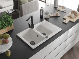 Mexen Gaspar chiuvetă de granit cu 1,5 compartimente și scurgător, cu baterie de bucătărie Rita, alb - 6507-20-670300-70