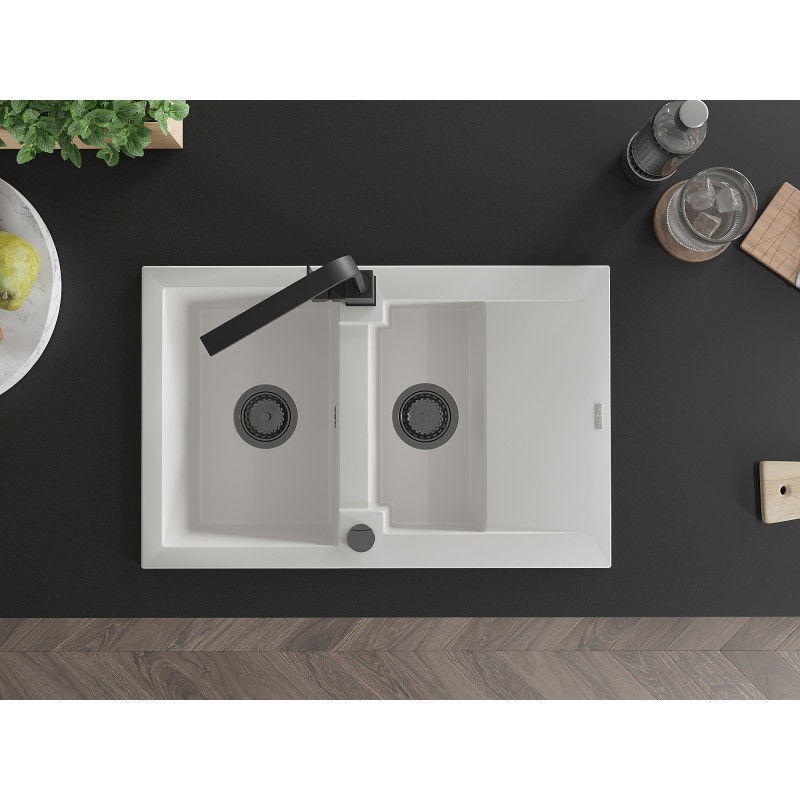 Mexen Gaspar chiuvetă de granit cu 1,5 compartimente și scurgător, cu baterie de bucătărie Rita, alb - 6507-20-670300-70