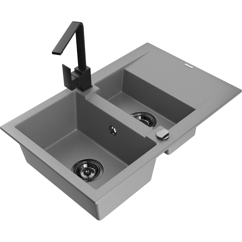 Mexen Gaspar chiuvetă de granit 1,5 camere cu scurgător și baterie de bucătărie Rita, gri - 6507-71-670300-70-B