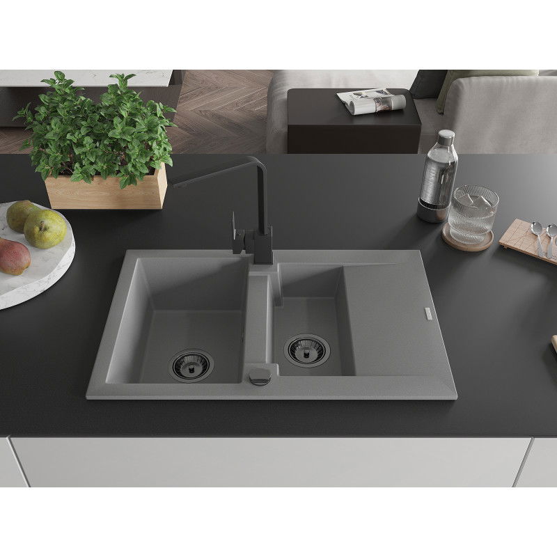 Mexen Gaspar 1,5-medencés gránit mosogató lefolyóval és Rita konyhai csapteleppel, szürke - 6507-71-670300-70-B