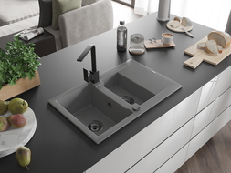 Mexen Gaspar chiuvetă de granit cu 1,5 compartimente cu scurgător și baterie de bucătărie Rita, gri - 6507-71-670300-70-B