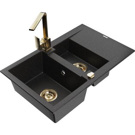 Mexen Gaspar chiuvetă din granit cu 1,5 compartimente cu scurgător și baterie de bucătărie Rita, negru/metalic argintiu