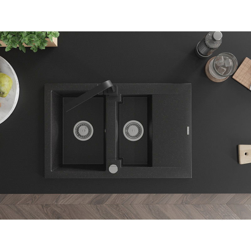 Mexen Gaspar gránit mosogató 1,5 medencés csepegtetővel és Rita konyhai csapteleppel, fekete/ezüst metál - 6507-73-670300-70