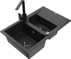 Mexen Gaspar chiuvetă de granit 1,5 camere cu scurgere și baterie de bucătărie Rita, negru/argintiu - 6507-73-670300-70-B