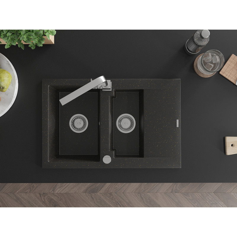Mexen Gaspar gránit mosogató 1,5 rekeszes csepegtetővel és Rita konyhai csapteleppel, fekete/arany - 6507-75-670300-00
