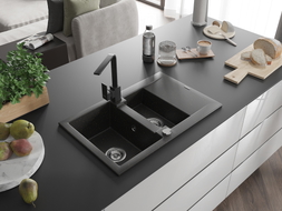Mexen Gaspar chiuvetă granit 1,5-camere cu scurgător și baterie de bucătărie Rita, negru/auriu - 6507-75-670300-70
