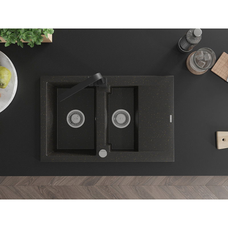 Mexen Gaspar chiuvetă de bucătărie din granit cu 1,5 cuve și picurător și baterie Rita, negru/auriu - 6507-75-670300-70
