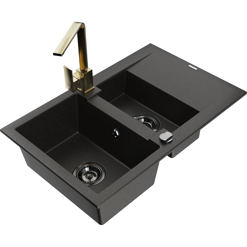 Mexen Gaspar chiuvetă de bucătărie din granit cu 1,5 cuve cu scurgător și baterie de bucătărie Rita, negru/auriu