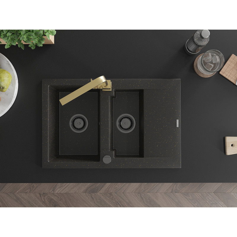 Mexen Gaspar gránit mosogató 1,5 kamrás csepegtetővel és Rita konyhai csapteleppel, fekete/arany - 6507-75-670300-50-B