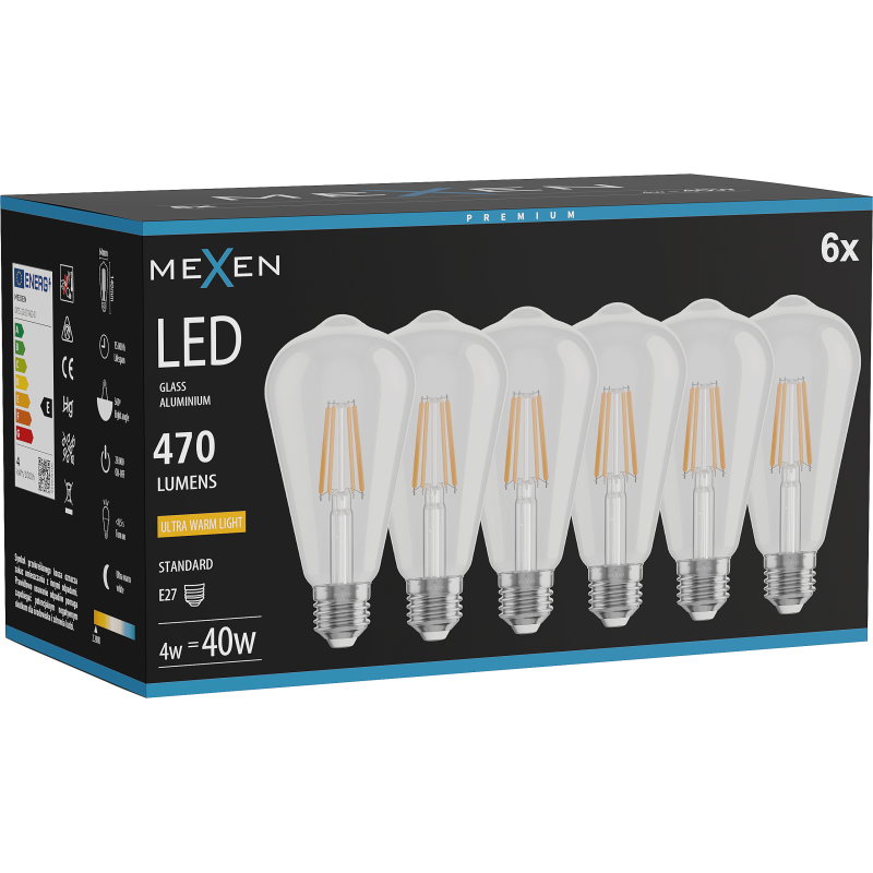 Mexen Vintis 6x LED filament izzó E27, ST64, 4W, Meleg - 2200K, 470 lm, átlátszó - L152-E27-0422-00x06