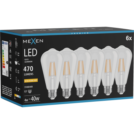 Mexen Vintis 6x LED filament izzó E27, ST64, 4W, Meleg - 2200K, 470 lm, átlátszó - L152-E27-0422-00x06
