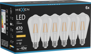 Mexen Vintis 6x LED filament izzó E27, ST64, 4W, Meleg - 2200K, 470 lm, átlátszó - L152-E27-0422-00x06