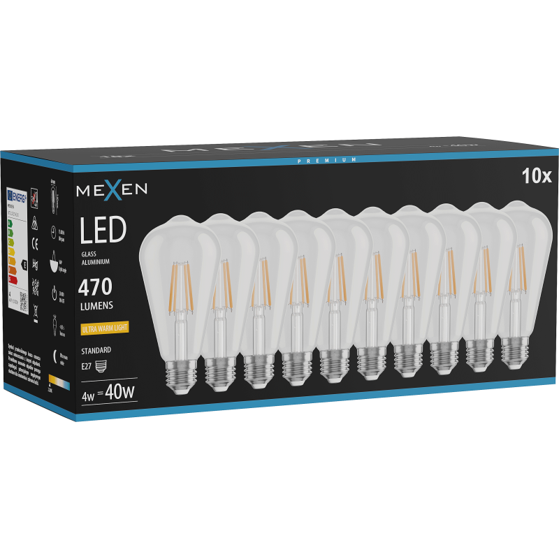 Mexen Vintis 10x Bec cu filament LED E27, ST64, 4W, Cald - 2200K, 470 lm, clar - L152-E27-0422-00x10