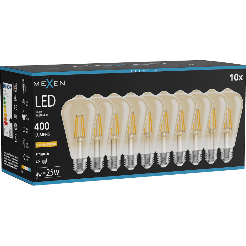 Mexen Vintis 10x LED szál izzó E27, ST64, 4W, Meleg - 2200K, 400 lm, borostyán - L152-E27-0422-50x10
