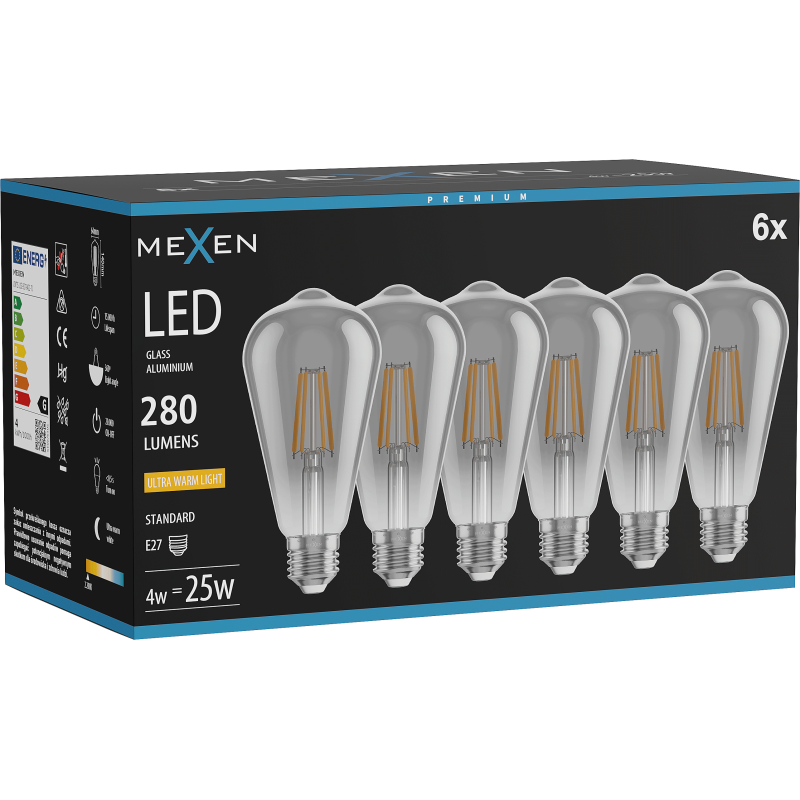 Mexen Vintis 6x Bec LED cu filament E27, ST64, 4W, Caldă - 2200K, 300 lm, fumuriu - L152-E27-0422-70x06