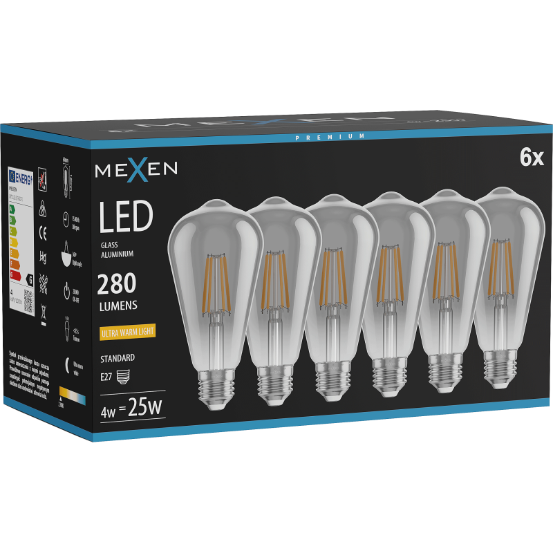 Mexen Vintis 6x LED filament izzó E27, ST64, 4W, Meleg - 2200K, 300 lm, füst - L152-E27-0422-70x06
