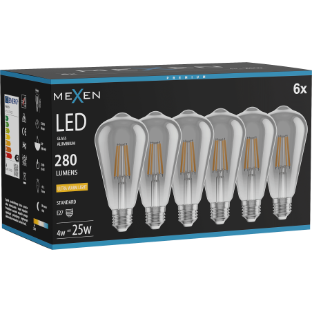 Mexen Vintis 6x Bec LED cu filament E27, ST64, 4W, Caldă - 2200K, 300 lm, fumuriu - L152-E27-0422-70x06