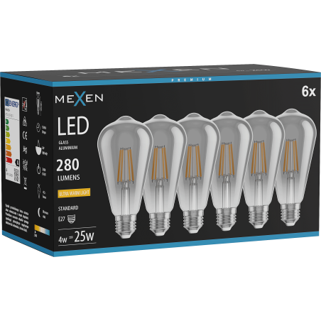 Mexen Vintis 6x LED filament izzó E27, ST64, 4W, Meleg - 2200K, 300 lm, füst - L152-E27-0422-70x06