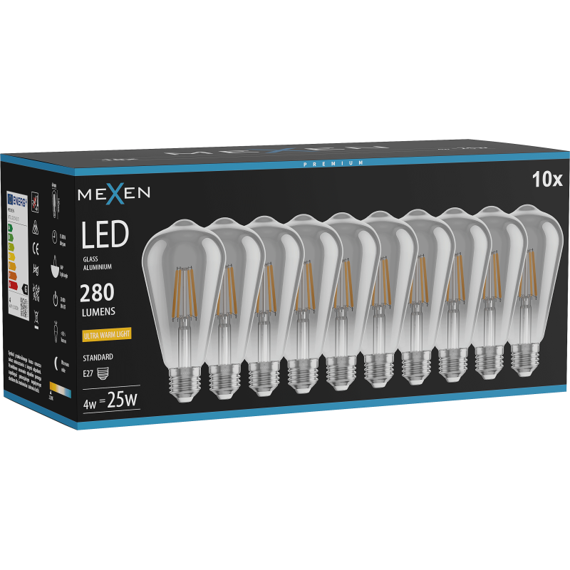 Mexen Vintis 10x LED filament izzó E27, ST64, 4W, Meleg - 2200K, 300 lm, füstös - L152-E27-0422-70x10
