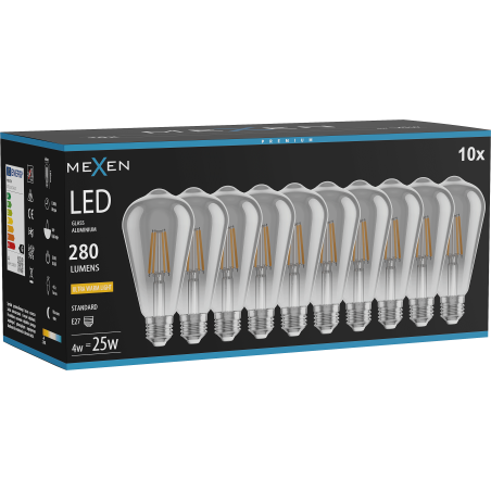 Mexen Vintis 10x LED filament izzó E27, ST64, 4W, Meleg - 2200K, 300 lm, füstös - L152-E27-0422-70x10