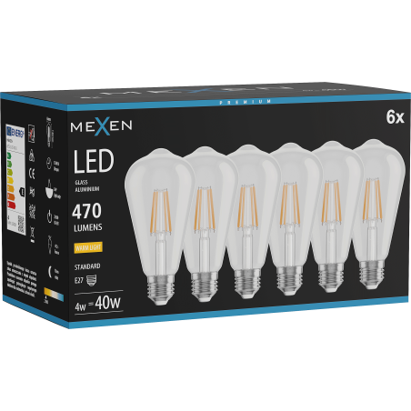 Mexen Vintis 6x LED filament izzó E27, ST64, 4W, Meleg - 2700K, 470 lm, átlátszó - L152-E27-0427-00x06